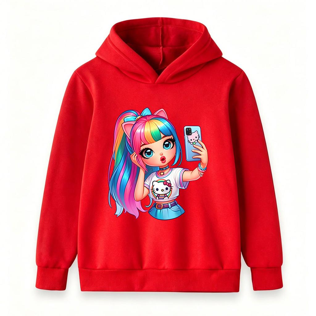 Kids Boys Girls Cute Rainbow Hair Cat Ear Girl Print Pullover Hoodie Casual Long Sleeve Comfortable Hooded Sweatshirt For Daily School Outdoor Party