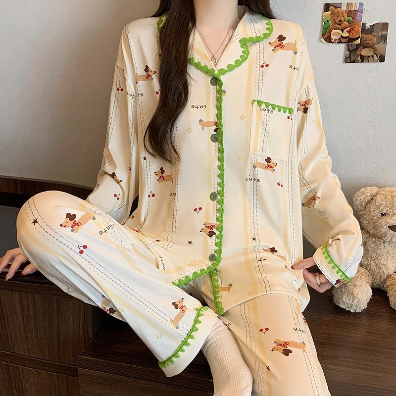 Japanese crescent moon embroidered edge pajamas women's spring new imitation cotton cute cat claws long sleeves two-piece loungewear