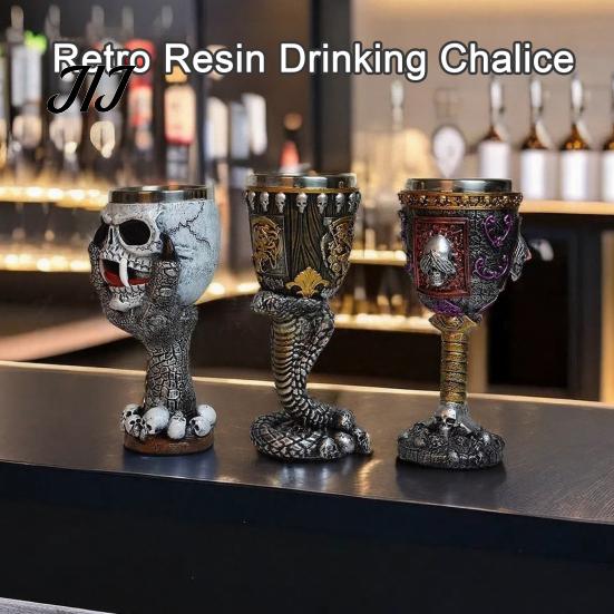 Dark Style Barware Horrible Resin Stainless Steel Skull Goblet, Retro Skeletal Wine Gothic Spooky Theme Tabletop Decor Cocktail Glasses, Vintage
