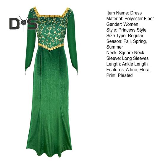 Princess Style Dress Stage Show Performance Cosplay Costume Dress Floral Print A-line Long Sleeve Maxi Dress Square Neck Wedding Graduation Cocktail