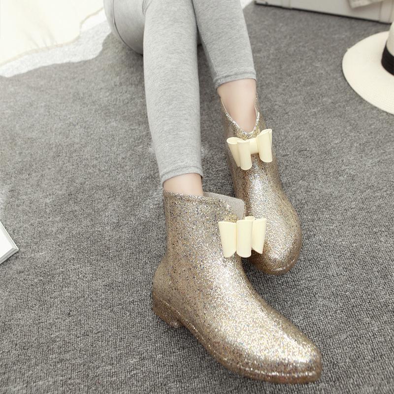 Короткие женские дождевые сапоги Весенние и осенние дождевые сапоги Низкие сапоги с бантом Водонепроницаемая обувь для белых воротничков Резиновые бахилы