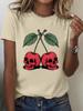 Cherry Skull Print Womens Tshirt Round Neck Short Sleeve Casual Top For Daily Wear Fashion Pattern Tshirt