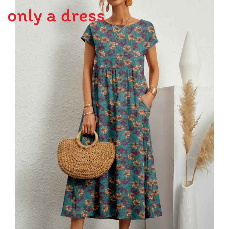 Cotton Linen Floral Print Summer Dress With Round Neck For Women