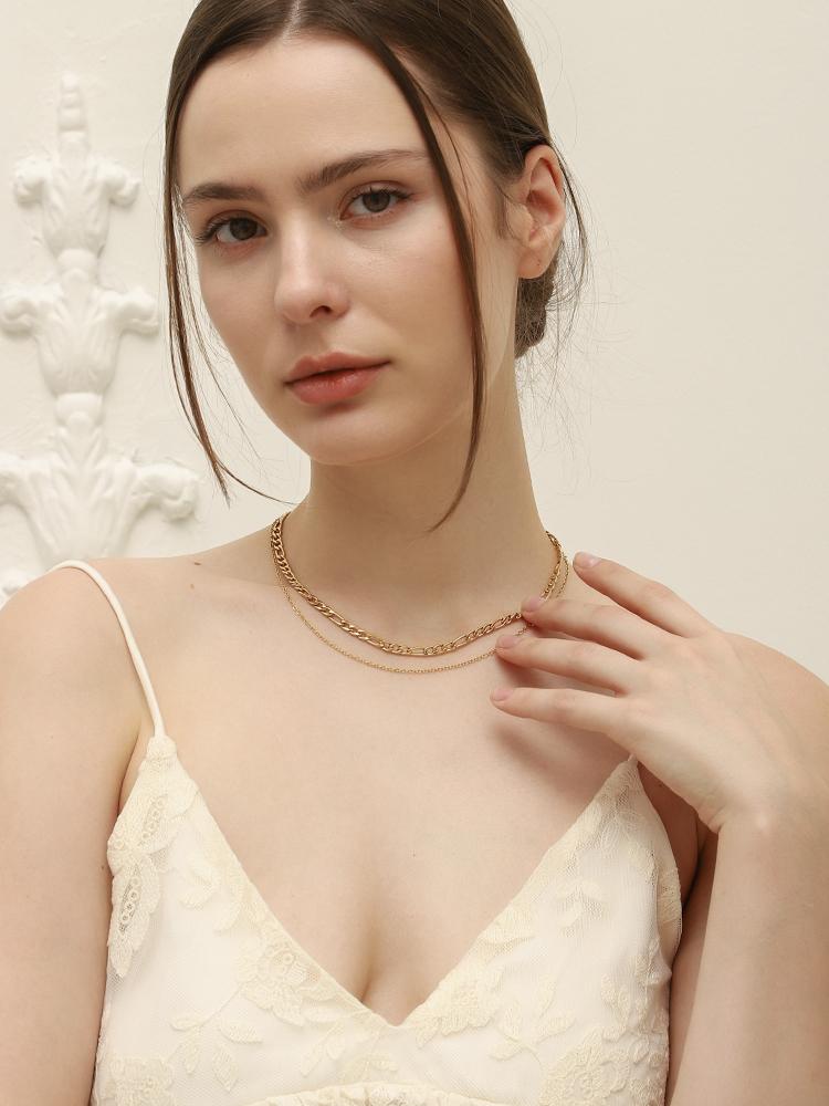 E.B.belle Double Layer Figaro Chain Snake Chain Necklace 18K Gold Plated Accessories Waterproof Stainless Steel Women's Chain