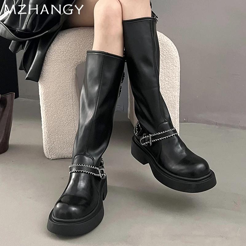 Модные женские сапоги на платформе, высокие кожаные туфли до колена, женские туфли на плоской подошве, тренд 2025 года, дизайнерская мода, зимние новые зимние мотоциклетные сапоги Mujer