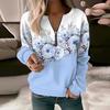 Цветочный принт, V-образный вырез, молния, декор, пуловер с длинными рукавами, мягкая повседневная толстая эластичная манжета, женский топ, блузка