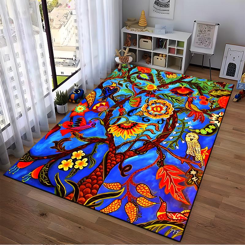 Colorful Tree of Life Pattern Carpet with Birds and Floral Design Suitable for use as an anti-slip for living room bedroom sofas