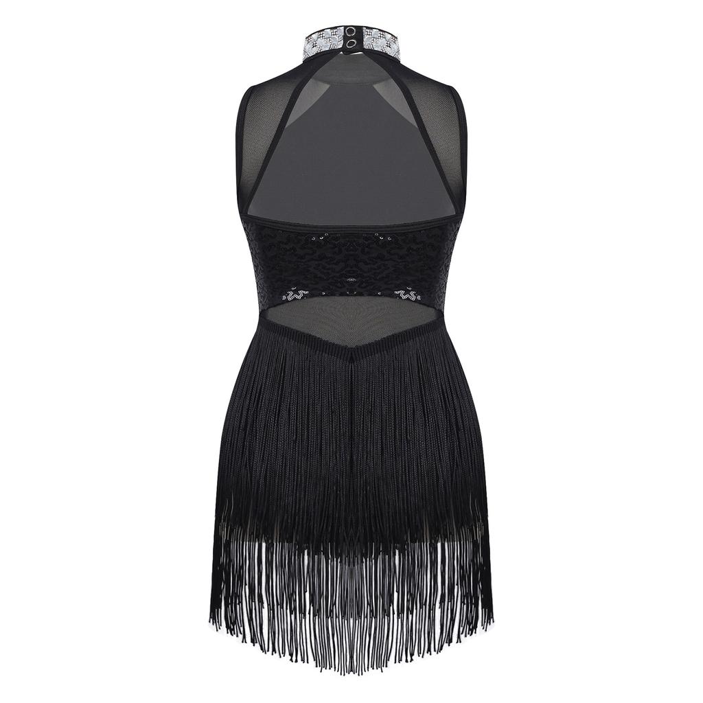 Kids Girls Dance Leotard Sleeveless Mesh Patchwork Sequins Tassel Hem Bodysuit for Latin Jazz Dance