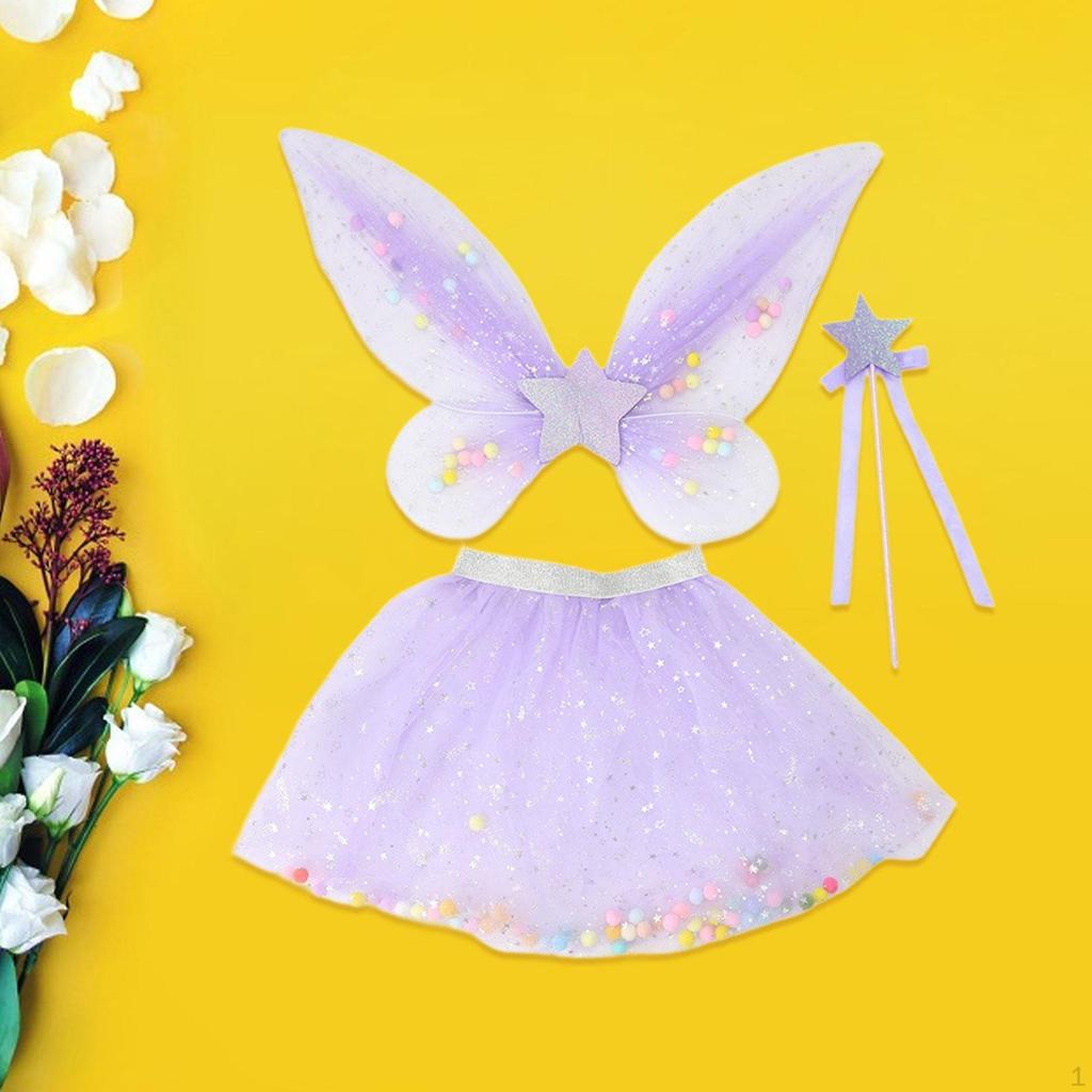 3 Pieces Fairy Wings Tutu Skirt and Stick Set for Girls Holidays Princess Cosplay