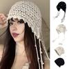 Women Crochet Hat Solid Color Ethnic Style Knitted Hat with Tassel Trim Lace-up Handmade