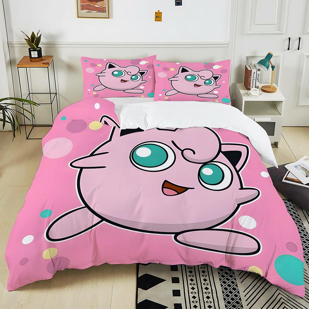 Next Day Shipping P0kem0n Jigglypuff Print Pink Bedding Set 3PC 1 Duvet Cover 2 Pillowcases Adult Kids Bedding Set Comforter Set