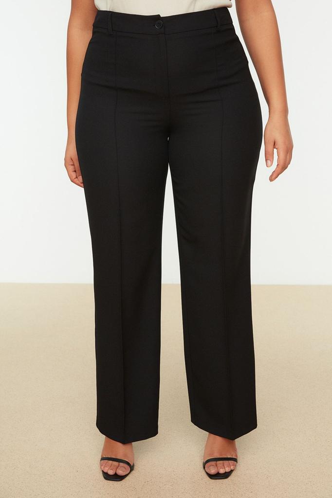 Женские стильные черные тканые брюки больших размеров с высокой талией в рубчик и расклешенными штанинами