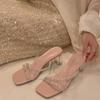 Rhinestone Transparent Word with Crystal Heel Cool Slippers Women Wear 2025 Summer New Fairy Style Beautiful High-heeled Sandals