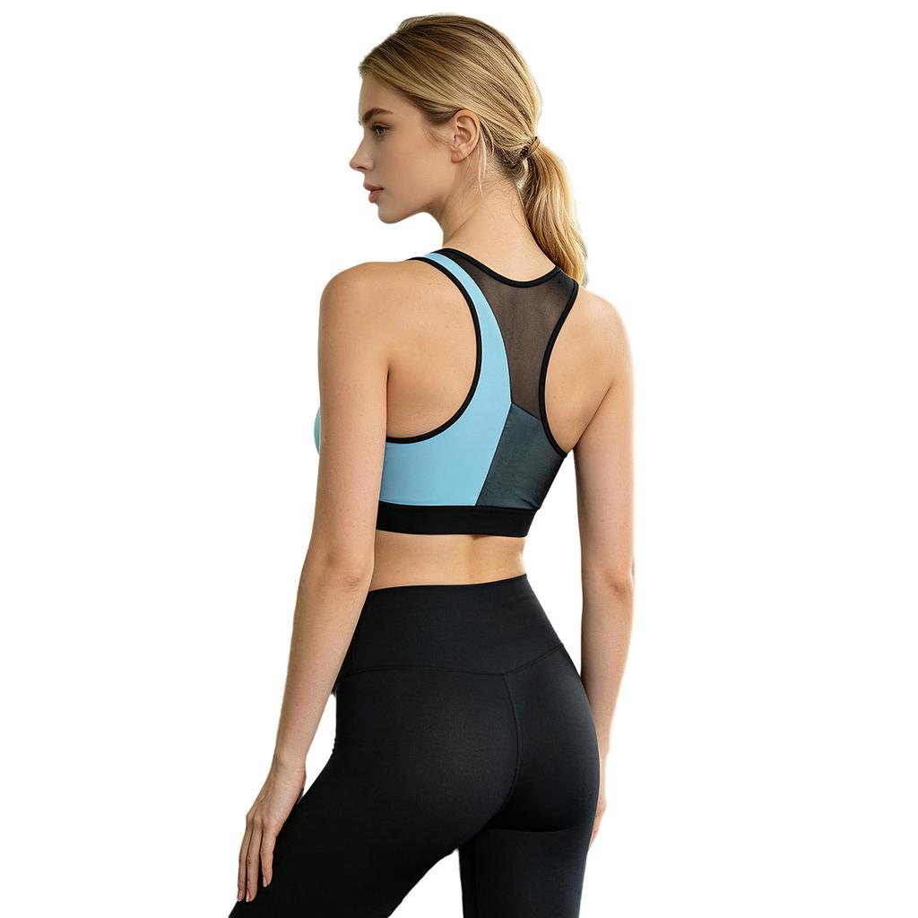 Athletic Crop Tank Top with Removable Pads Color-blocked U Neck Sleeveless Mesh Patchwork Elastic Hem for Women Workout Yoga