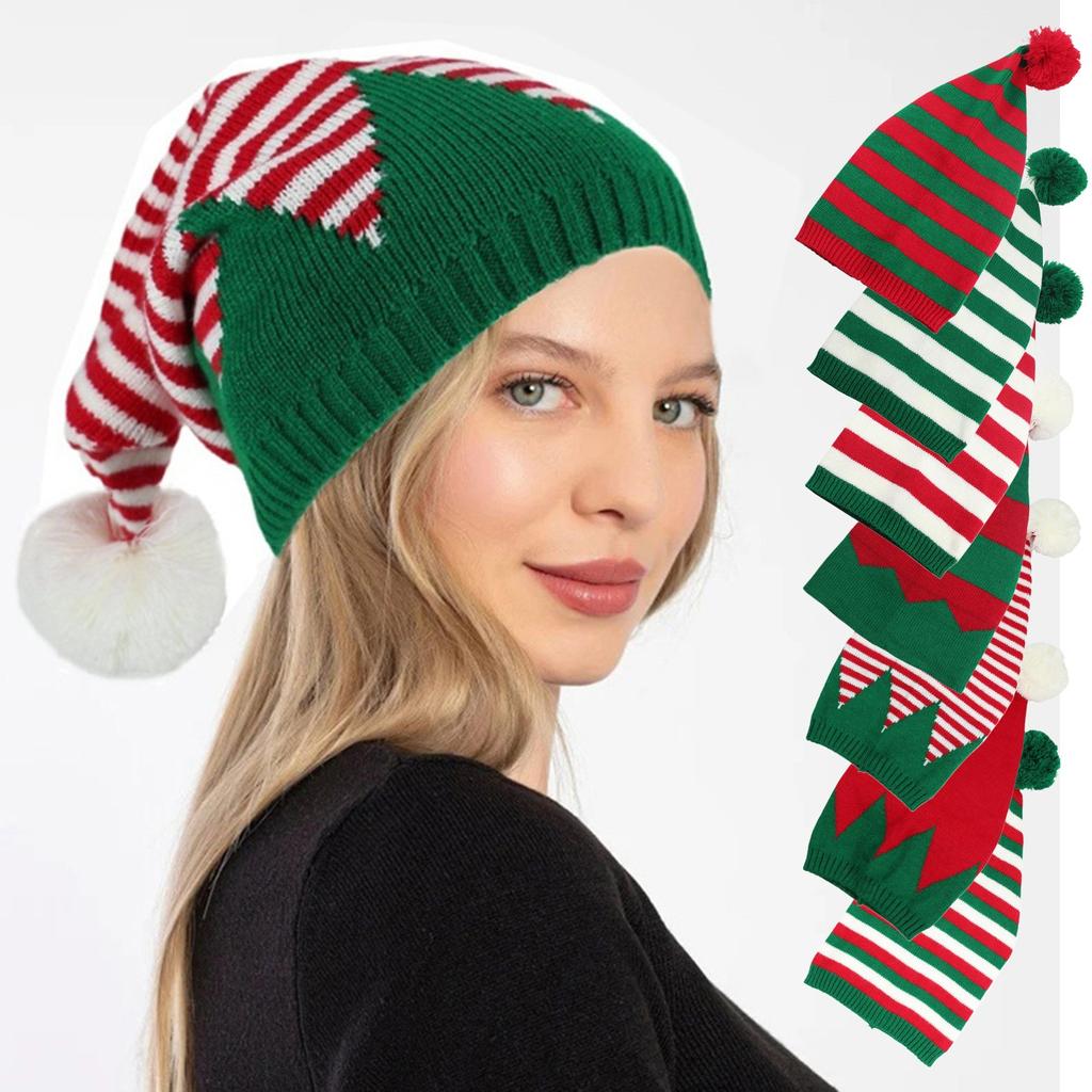 Knitted Christmas Hat For Adults Unisex Cute Green Red Striped Xmas Hat For New Year Festive Party