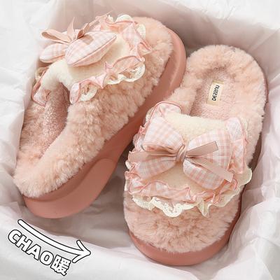 Пара хлопковых тапочек с бантом, зимние домашние комнатные плюшевые теплые домашние нескользящие с толстой подошвой хлопковые мопы