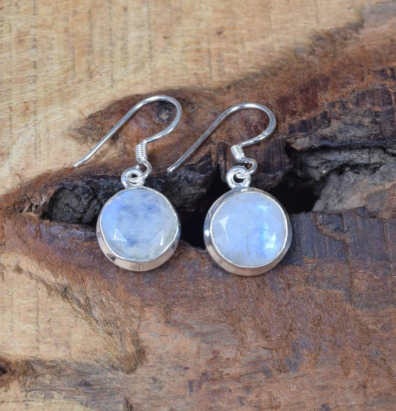 Solid 925 Sterling Silver Round moonstone Gemstone Handmade Dangle Earrings Women Earrings