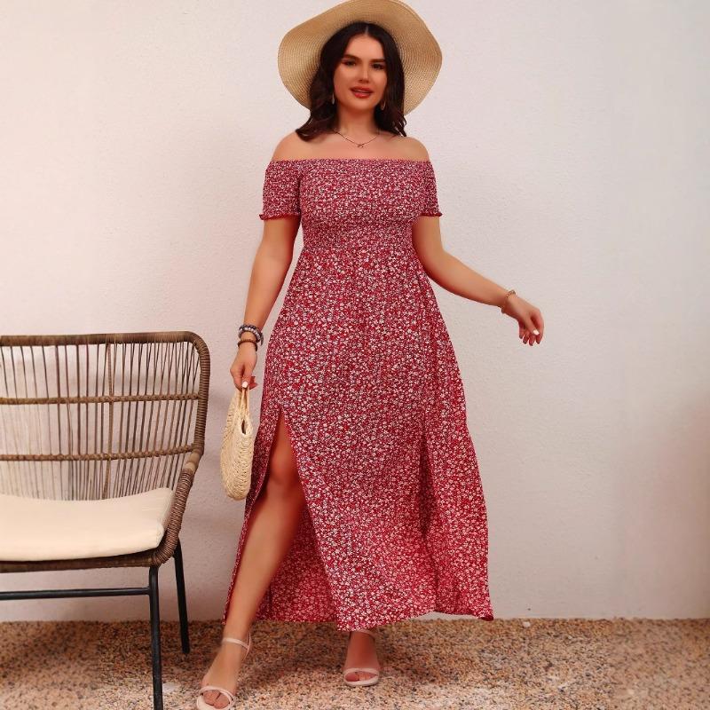Женское повседневное платье с открытыми плечами и разрезом в одну линию с бохо-принтом, длинное платье с мелким цветочным принтом