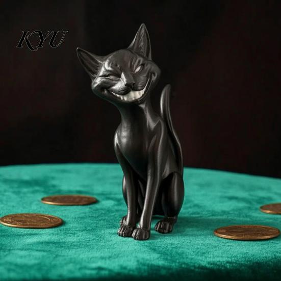 Unique Witchy Desk Decor 3D Printed Grinning Black Cat Statue, Sitting Figurine, Dark Creepy Cute Statue Style Sculpture, Halloween Decorative