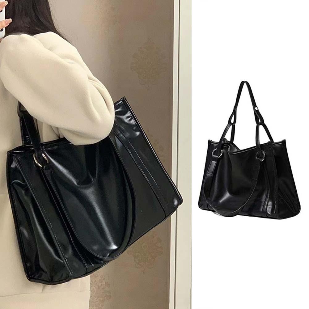 College Student PU Leather Shoulder Bag Underarm Bag Large Handbag Black Tote Bag  Girls Gift