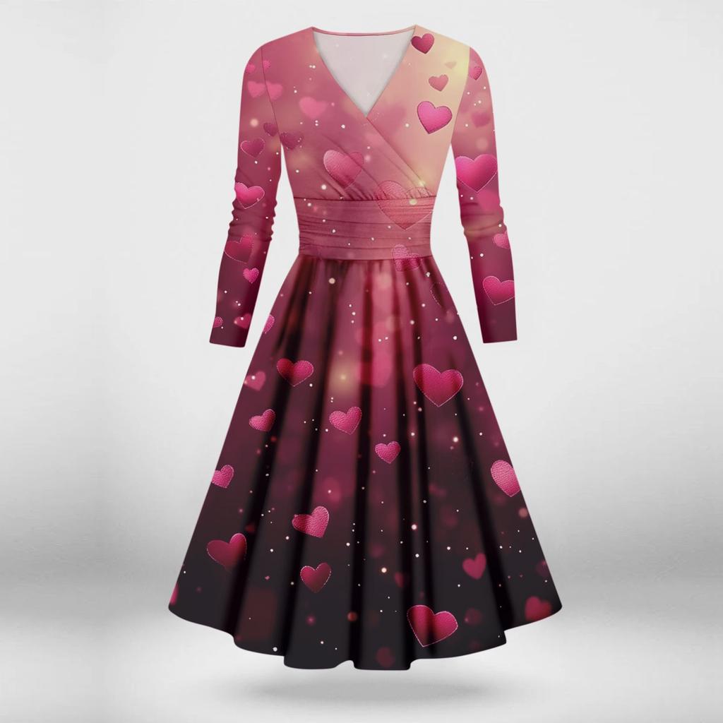 Женская мода повседневные платья на День святого Валентина с принтом, длинным рукавом и V-образным вырезом, сексуальные платья