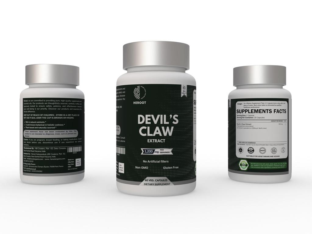 Heroot Devil’s Claw 1200mg – 60 Vegetarian Capsules | Herbal Supplement for Joint, Back & Mobility Support