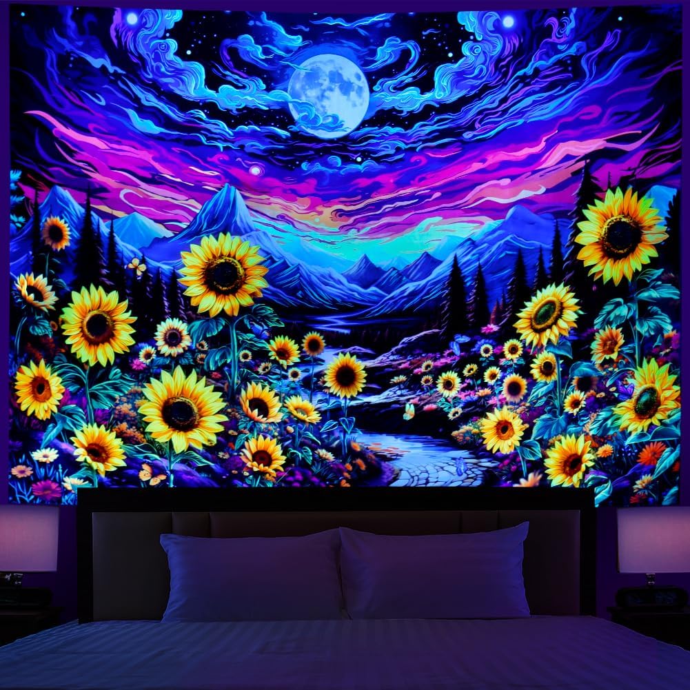 Dermijer Blacklight Moon Sunflower Tapestry Starry Night Mountian UV Reactive Wall Hanging Tapestries Galaxy Space Nature Landscape Tapestry for Home