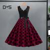Women Midi Dress Flower Edge V Neck Lace Up Tight High Waist Bow Decor Sleeveless A-line Loose Hem Dot Print Retro 50s 60s Lady Backless Prom Party
