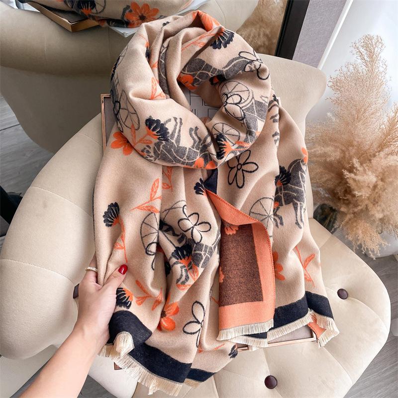 2024 Autumn/Winter New Color Blocked Imitation Cashmere Women'S Tassel Shawl Thickened Warm Double Sided Jacquard Wool Scarf