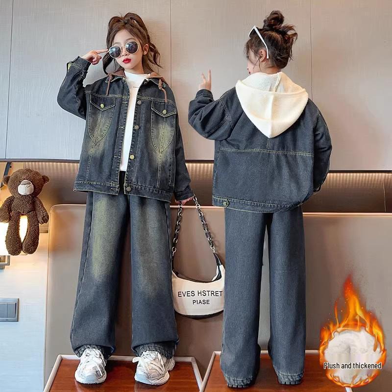 2025 Girls' Fleece-Lined Denim Two-Piece Set - Trendy Autumn/Winter Fashion for Middle and Big Kids