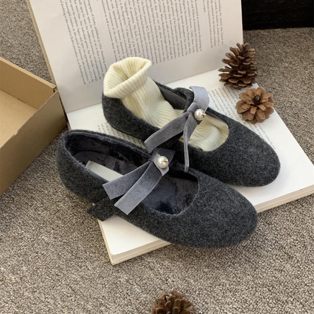 Серые туфли Мэри Джейн, пушистые, женские, хлопковые, для носки зимой, новые, сказочные, на плоской подошве, бархатные одинарные туфли