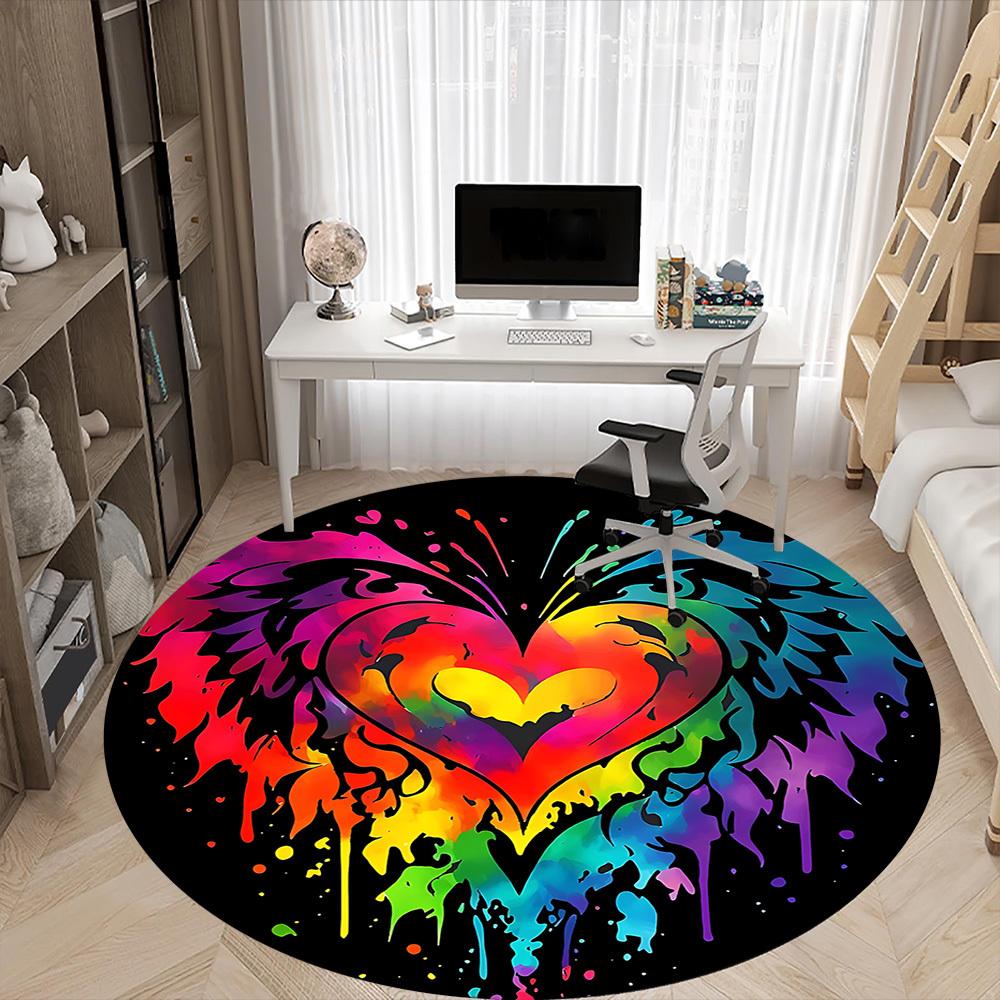 1PC Heart Rainbow Office Round Area Rug,  Mat Suitable ForOffice, Under Office Chairs Bedroom Living Room Home Decor, Room Deco