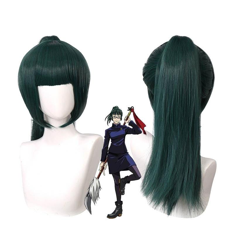 Anime Maki Zenin Cosplay Wig Jujutsu Kaisen Dark Green Ponytail Heat Resistant Synthetic Hair Anime Cosplay Wigs