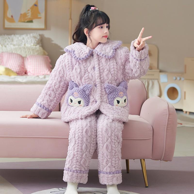 Girls Winter Warm Coral Fleece Pajamas Set Thick Quilted Flannel Sleepwear Kids 8-16 Years