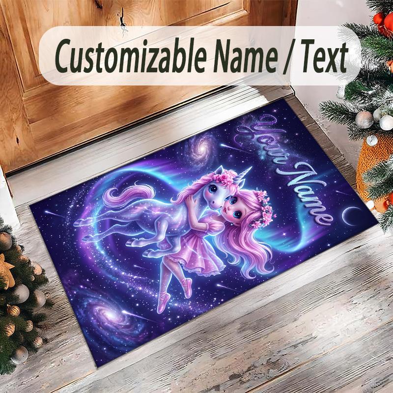 Unicorn Theme Crystal Velvet Floor Rug Personalized Custom Name Text Warm Carpet Home Decoration