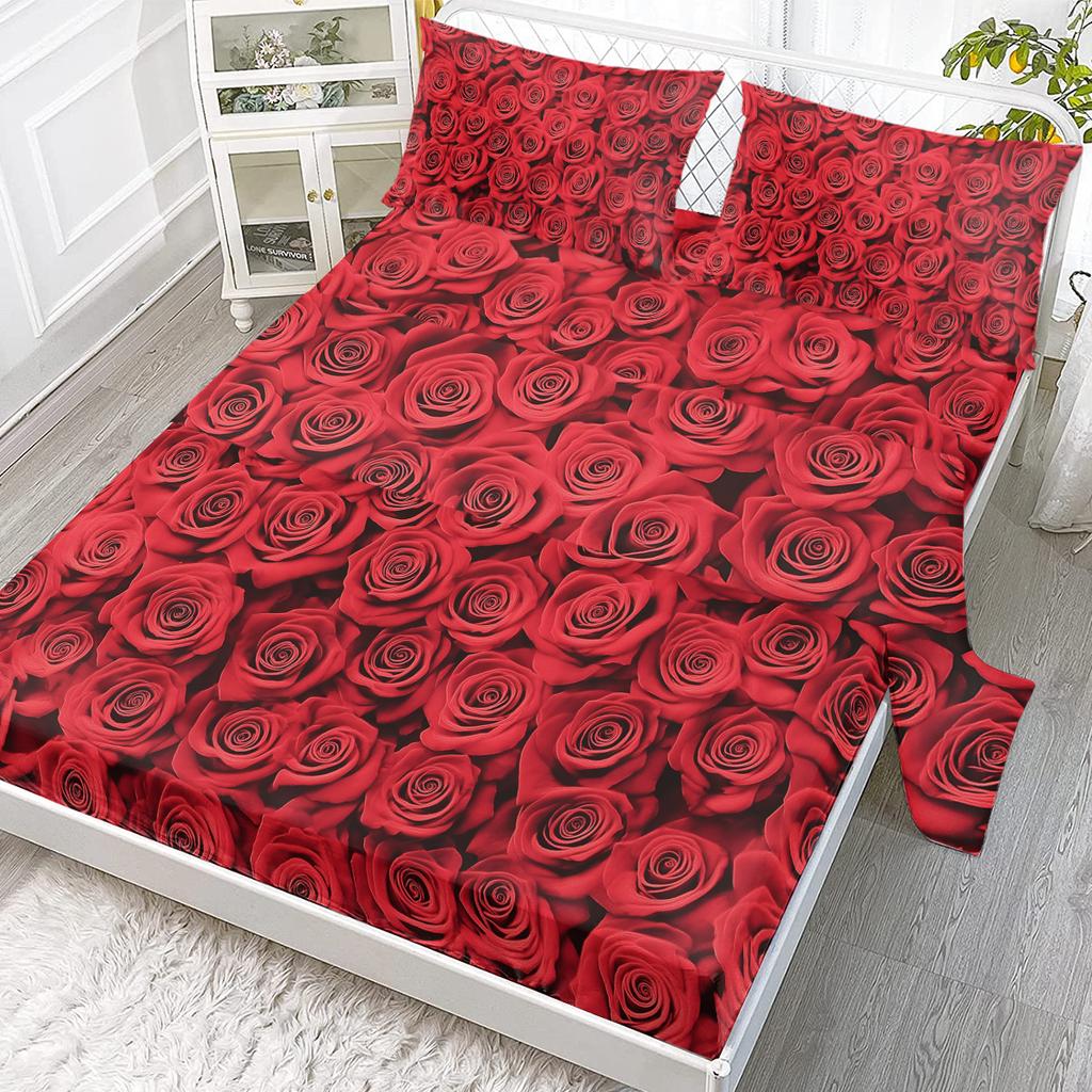 4-Piece Bed Sheet Set Of Full Rose, Including 1 Flat Bed Sheet, 1 Extra-Large Bed Sheet, 2 Pillowcases (Romantic, Anniversary)
