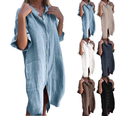 Женский модный повседневный кардиган на пуговицах, однотонное платье из хлопка и льна с карманами