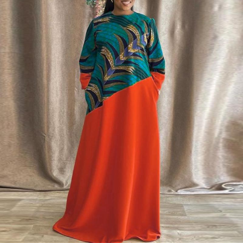 Женские платья больших размеров с круглым вырезом и длинными рукавами с принтом