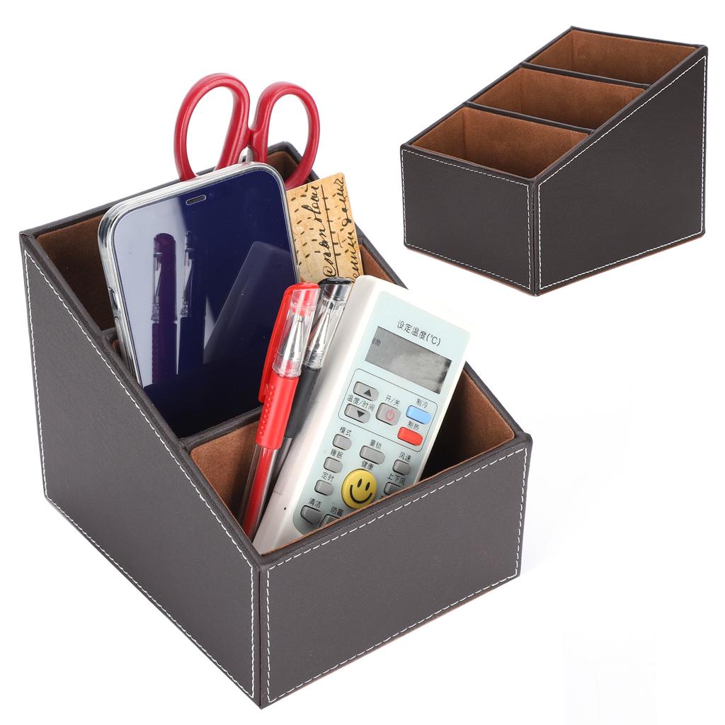 Desk Faux Leather Storage Box Stationery Organizer MultiFunction Supplies Coffee Color 3 Grid