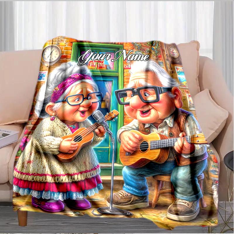 1PC Custom Name Elderly Musicians Together flannel blanket versatile, all-season throw suitable for the living room, bedroom, camping, travel, and gif