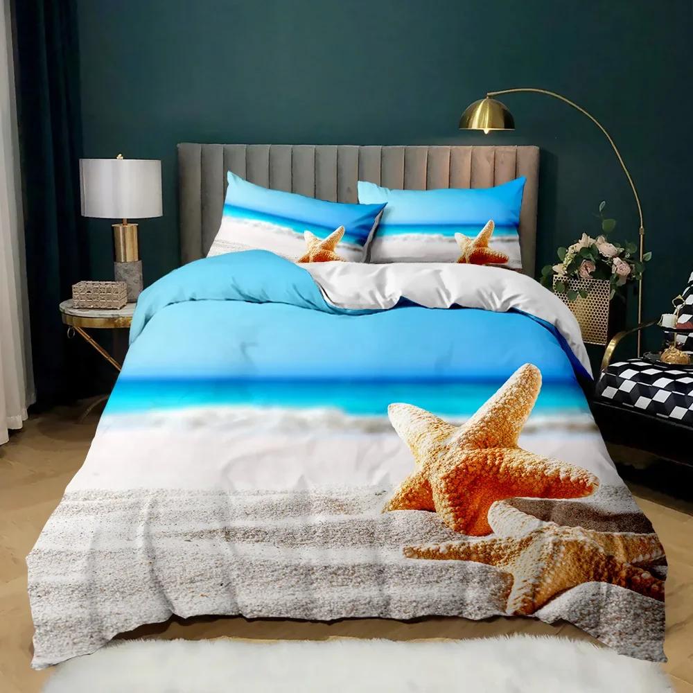 Beach Themed Bedding Set Blue Ocean Duvet Cover Set Starfish Coastal Bedding Beach Queen/King/Full Polyester Comforter Cover
