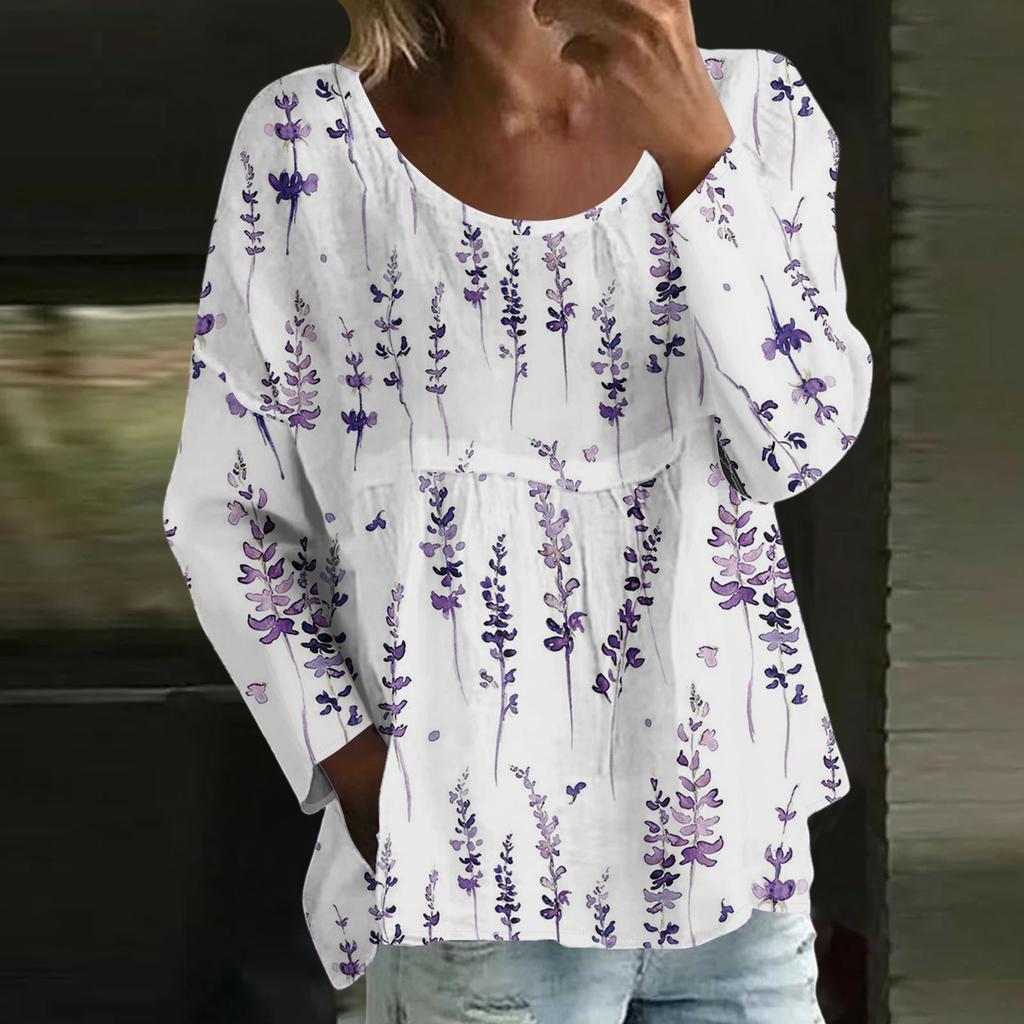 Женский повседневный модный свободный топ с круглым вырезом и цветочным принтом, с длинным рукавом