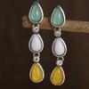 Tribal Green Yellow Stone Teardrop Earrings Female Vintage Jewelry Metal Long Drop Dangle Earrings