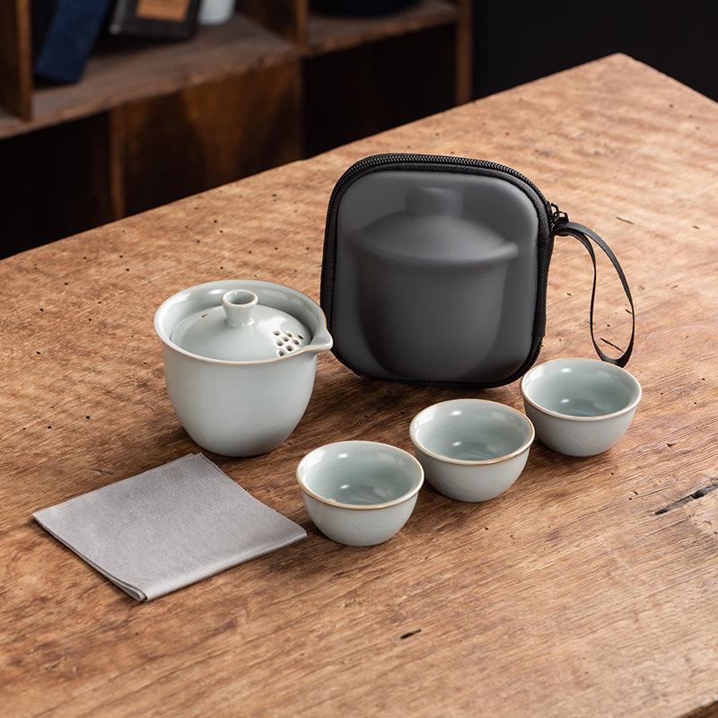 Celadon Ge Kiln Opening Film Can Raise Outdoor Portable Travel Tea Set, One Pot of Three Cups of Kuaike Tea Cup Gifts