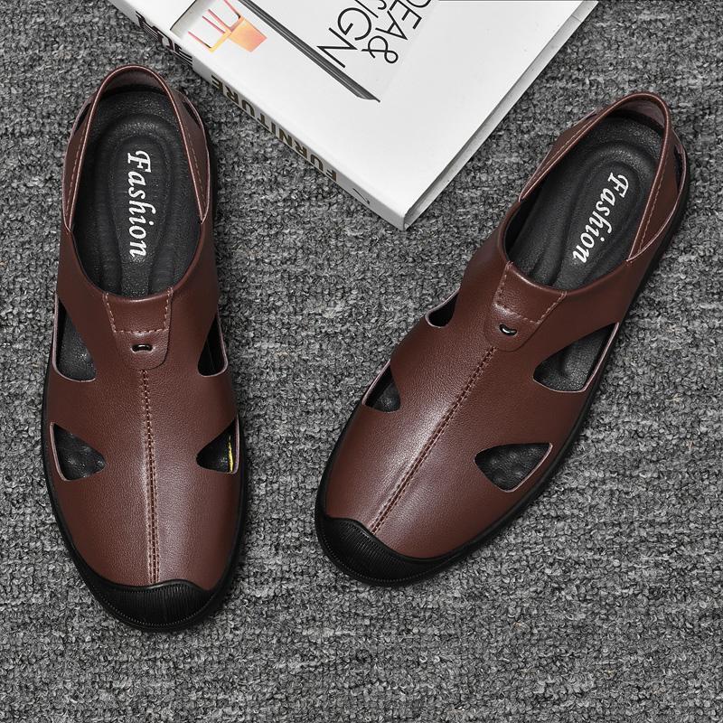 2024 Лето Горячие Продажи Мужские Пляжные Сандалии с Открытым Верхом Дышащие Легкие Мужские Повседневные Туфли Кожаные Туфли для Ходьбы