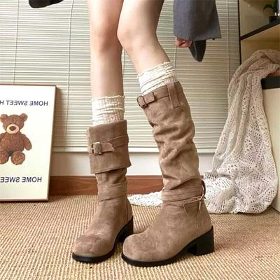 Модные женские сапоги, осенне-зимняя обувь, сапоги женские, ковбойские, на толстом каблуке, высокие сапоги до колена, модные сапоги цвета хаки в стиле ретро 2024 года