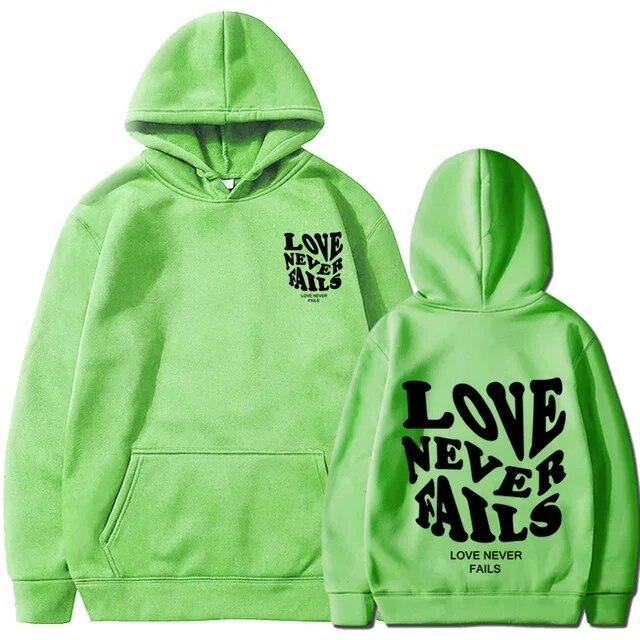 Love Never Fails Print Letter Hoodies Unisex/Women Sweatshirt Black Autumn Vintage Oversized Harajuku Loose Tops Casual Pullovers
