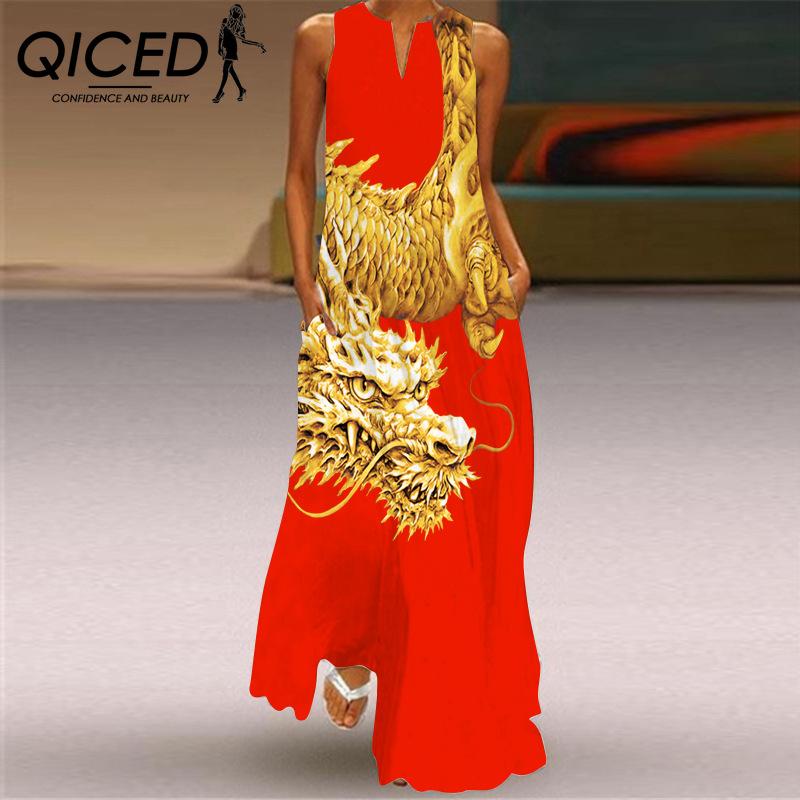 QICED Summer Women's Sleeveless Long V-Neck Printed Jade Flower Dresses