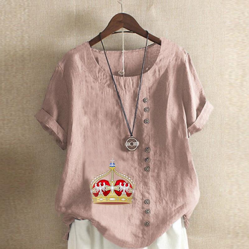 Женская модная футболка с круглым вырезом и коротким рукавом с принтом «Корона», повседневная рубашка из хлопка и льна с рисунком, свободная летняя блузка для отдыха, топы