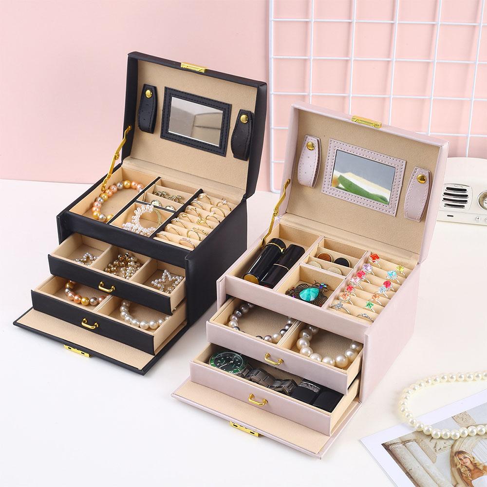 Leather Jewelry Storage Box - Organizer for Rings, Earrings, Necklaces, Makeup & Watch